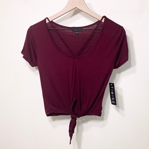 Timing Tops - Timing Burgundy Red Tied Front Crop Top